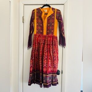 Vtg 70s hand woven cotton prairie forest fairy fringe Indian kaftan dress xs
